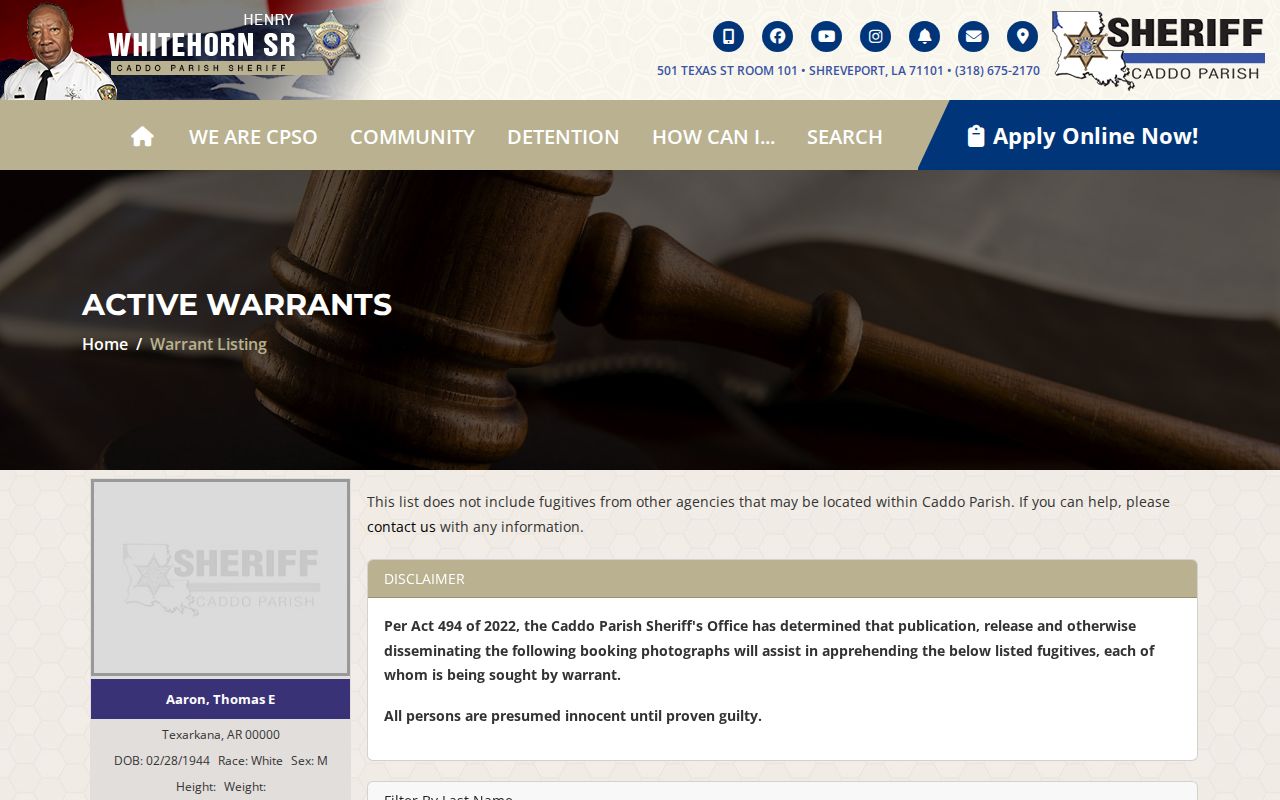 Caddo Parish arrest records outstanding warrant search