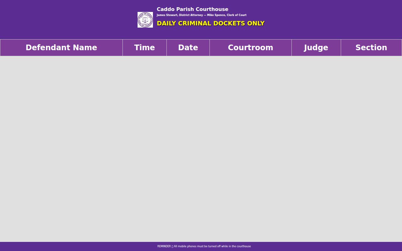 Caddo Parish criminal court daily docket and hearing fields