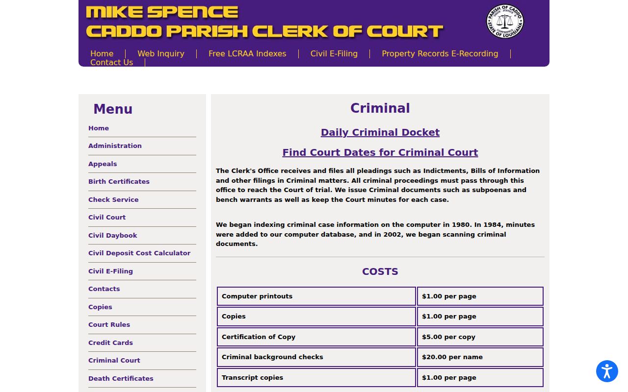Caddo Parish court case records at the Clerk criminal division