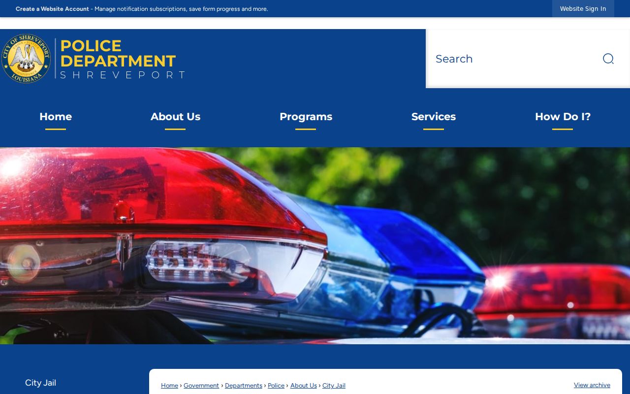 Shreveport City Jail page with booking request and renovation information
