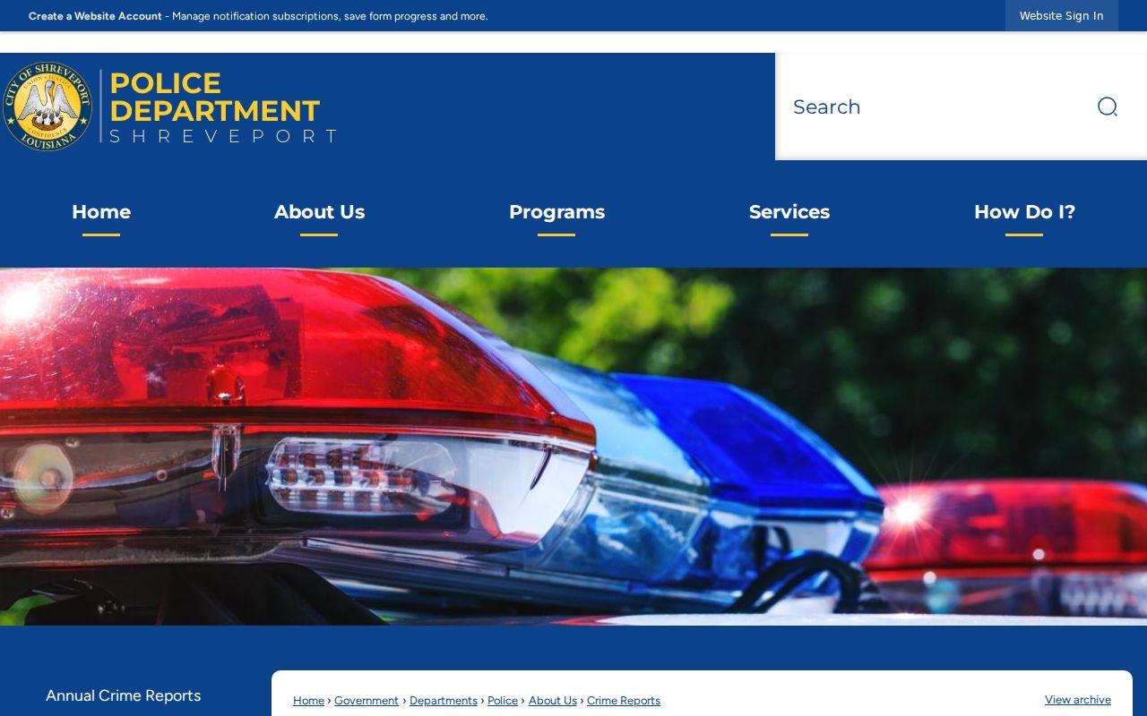 Shreveport Crime Reports hub with annual and interactive crime information